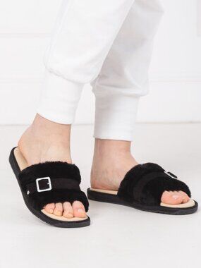 EMU Australia Warden Stinger Sandals Sheepskin Slip On Slides Black Size 7 NEW